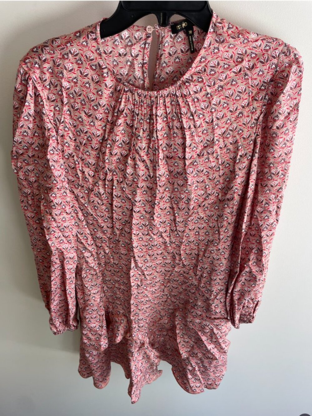 Maje Pink Floral Ruffle Viscose Dress Round Neck Size 38